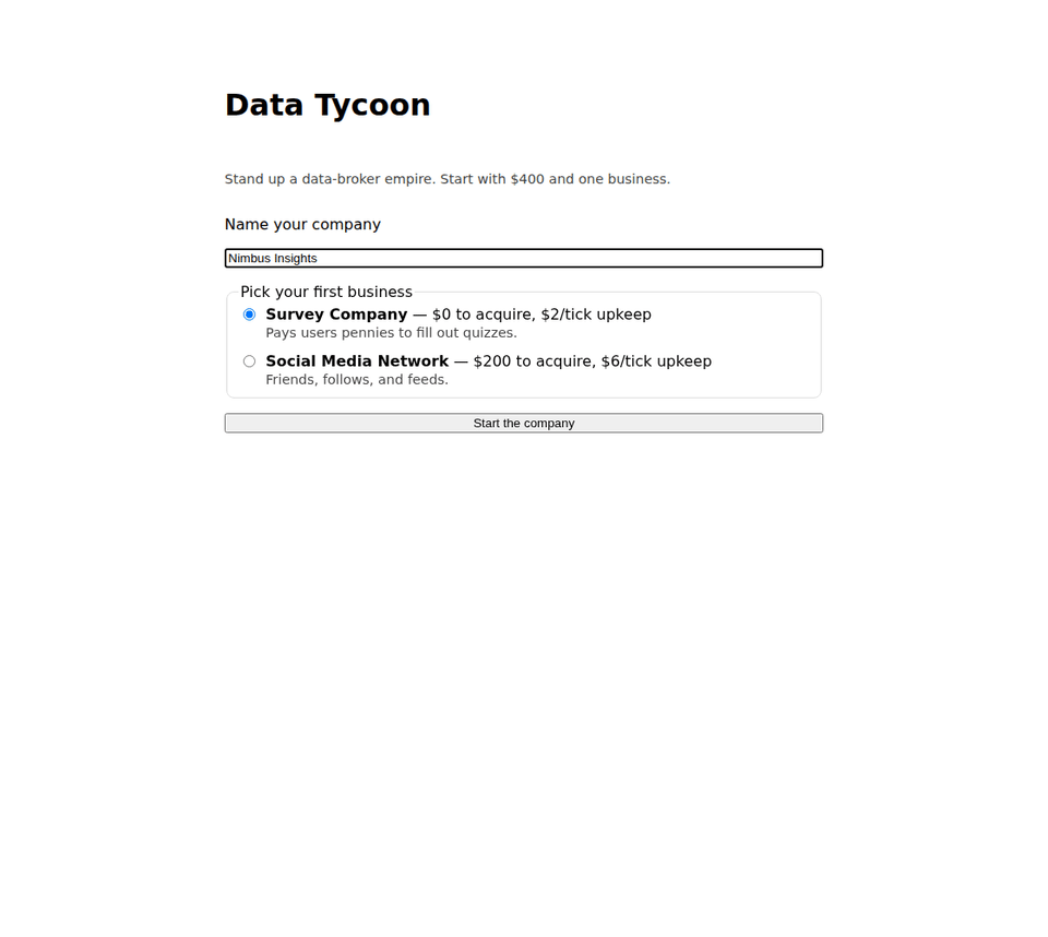 Data Tycoon gameplay loop: setting up a data-broker company, collecting data, building a buyer profile, fielding marketplace offers, and an audit consequence after high heat.